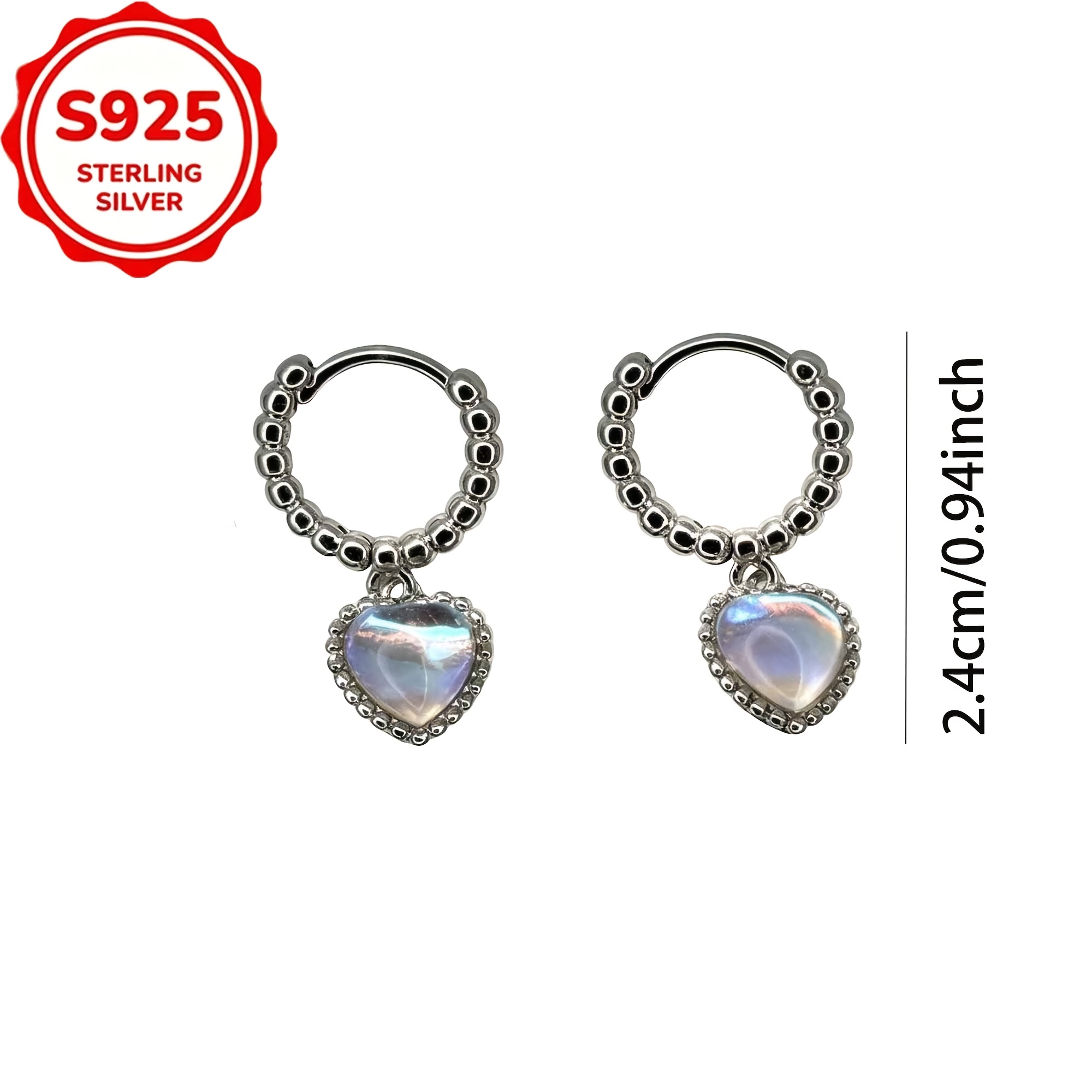 S925 Silver Heart Moonstone Drop Earrings, Openable